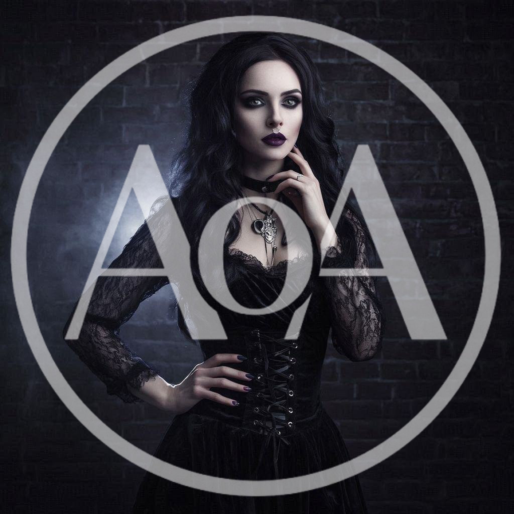 Gothic Woman Posing Against A Dark Brick Wall