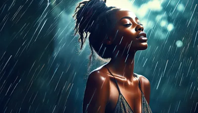 Young Woman Standing Under Heavy Rain