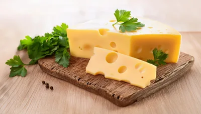 Swiss Cheese Wedge With Parsley On Wooden Board