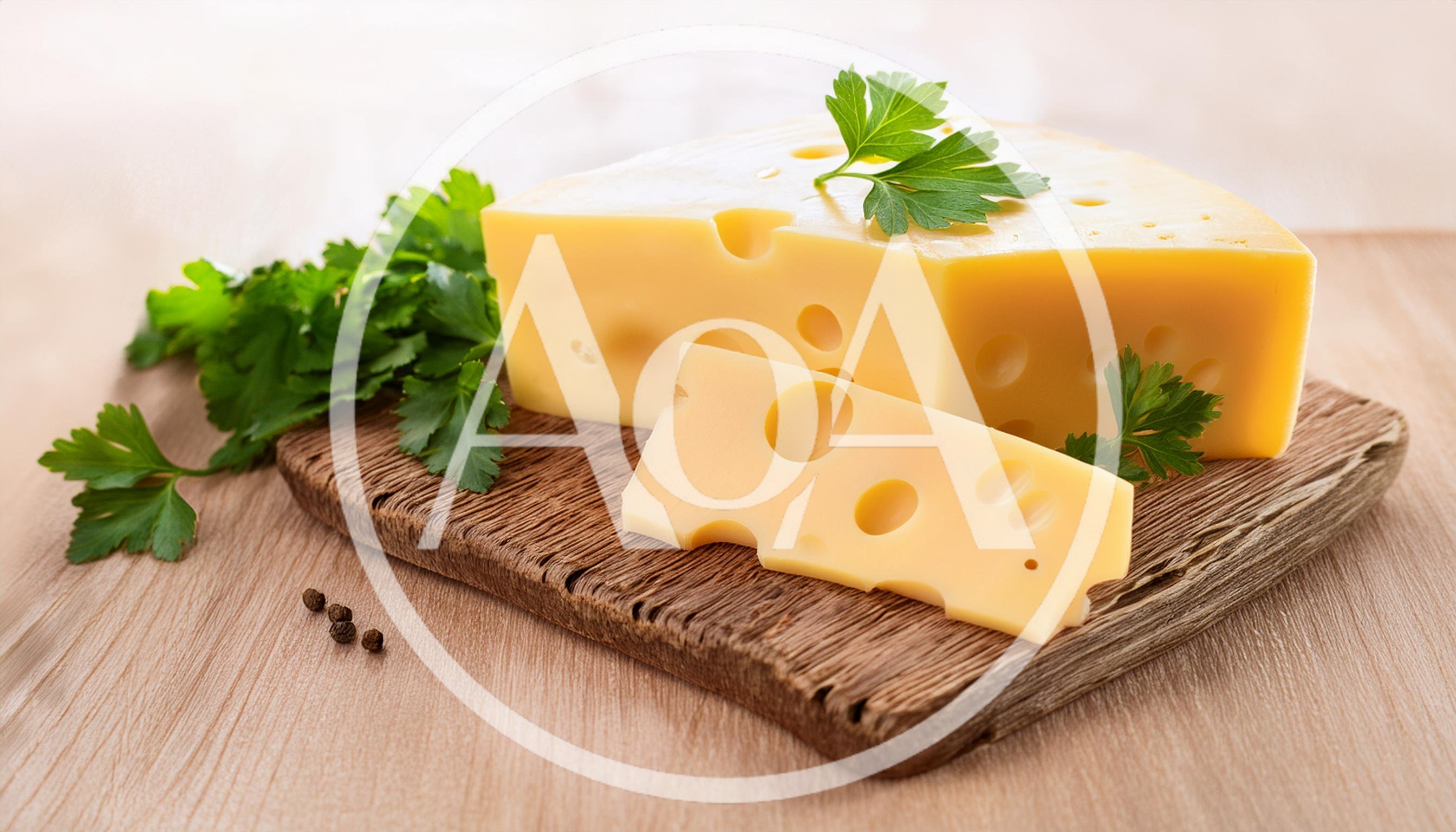 Swiss Cheese Wedge With Parsley On Wooden Board