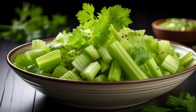 Fresh Chopped Celery Salad In A Ceramic Bowl