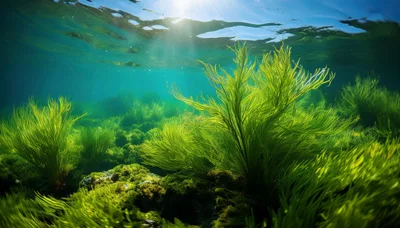 Vibrant Green Seaweed Underwater In Shallow Coastal Waters