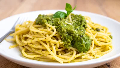 Spaghetti Pasta With Fresh Green Pesto Sauce