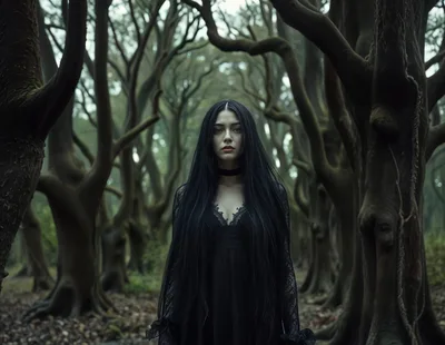 Gothic Woman Standing In A Dark Misty Forest