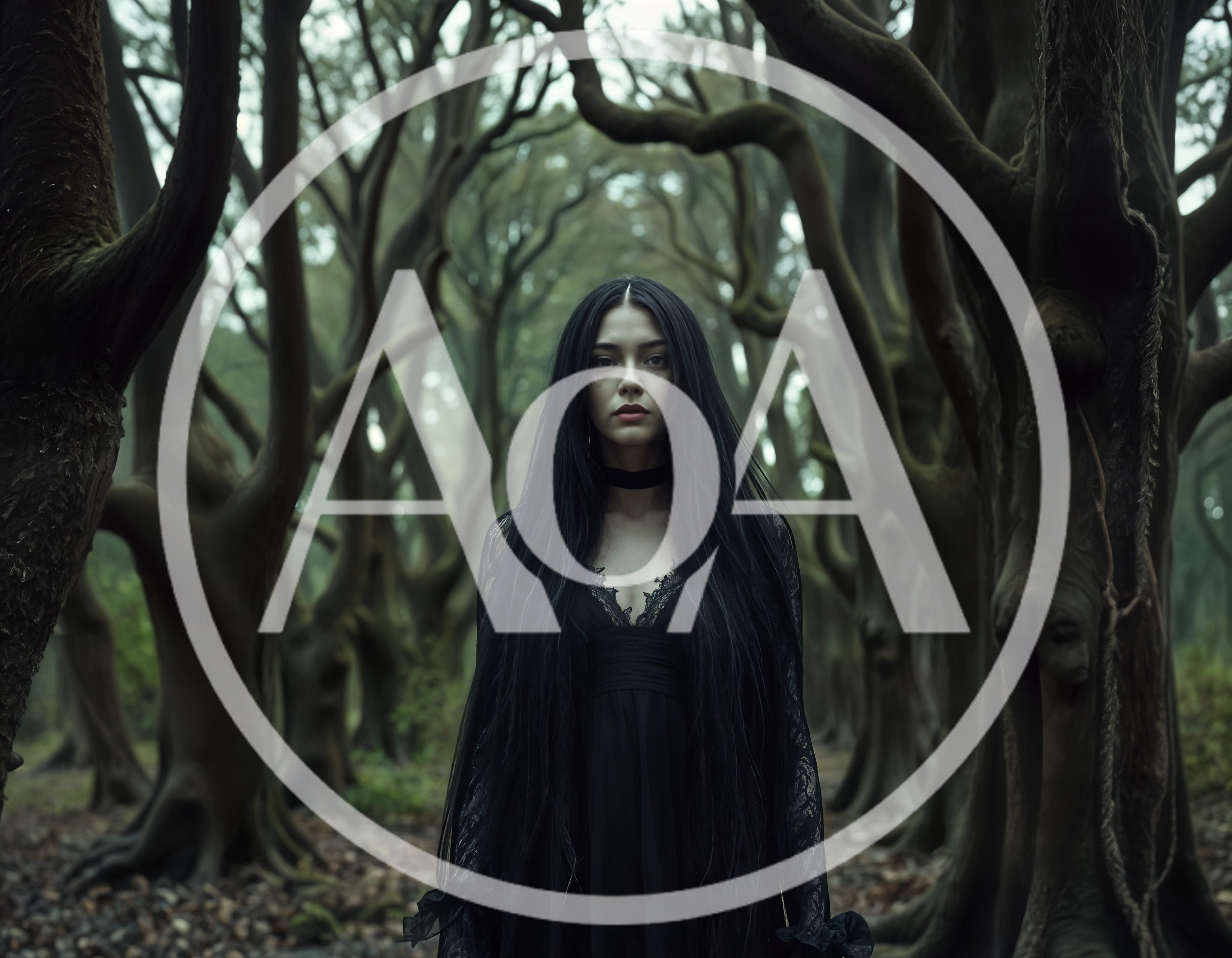 Gothic Woman Standing In A Dark Misty Forest