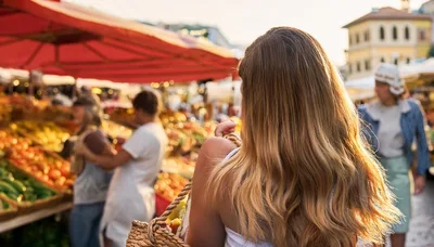 Woman Carrying Woven Basket Through Outdoor Farmers Market