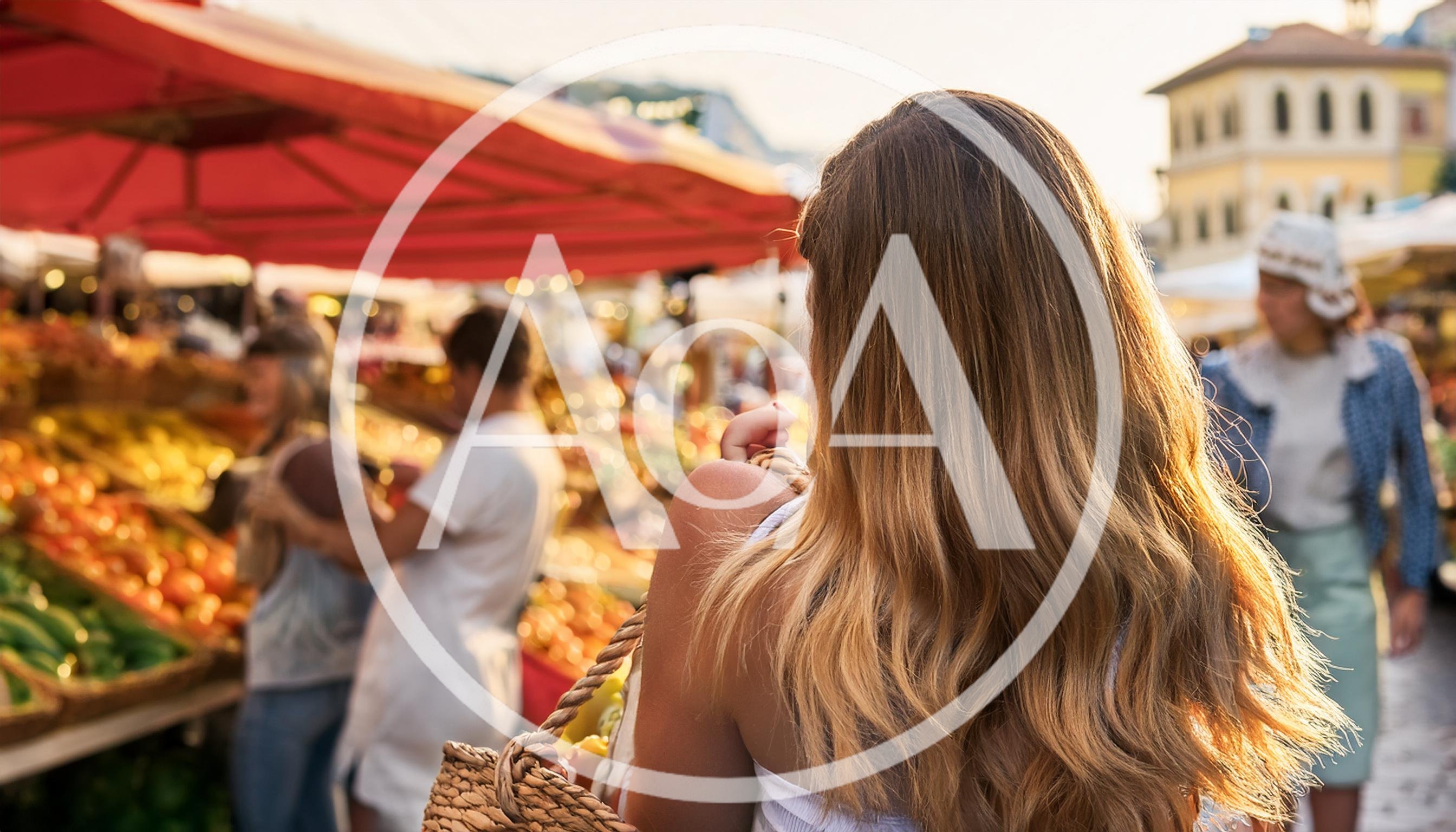 Woman Carrying Woven Basket Through Outdoor Farmers Market