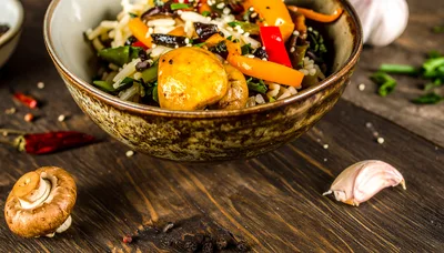 Stir Fry Rice Bowl with Vegetables and Mushrooms