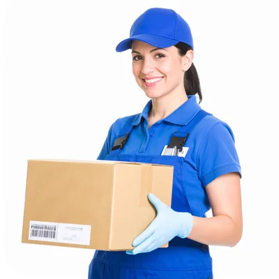 Smiling Delivery Woman Holding A Cardboard Box