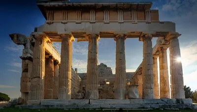 Ancient Greek Temple Of Aphaia At Sunset