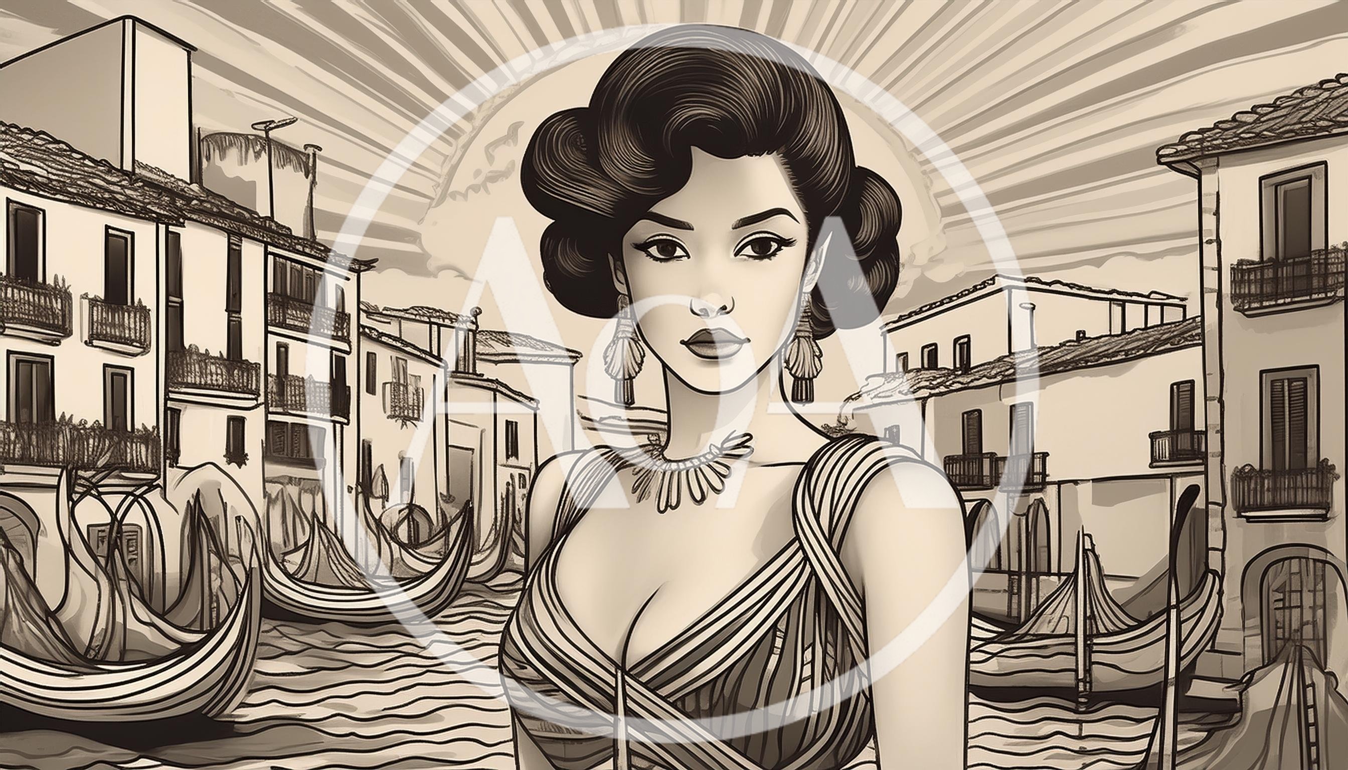 Vintage Illustration of a Woman in Venice