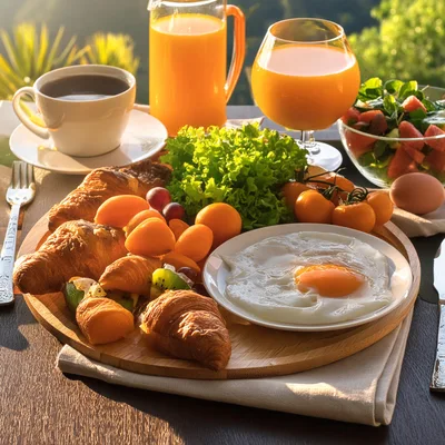 Healthy Breakfast Spread With Croissants And Fried Egg