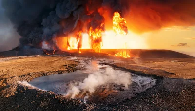 Volcanic Eruption With Lava Fountains And Ash Plumes