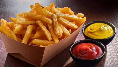 Golden French Fries With Ketchup And Mustard Dips