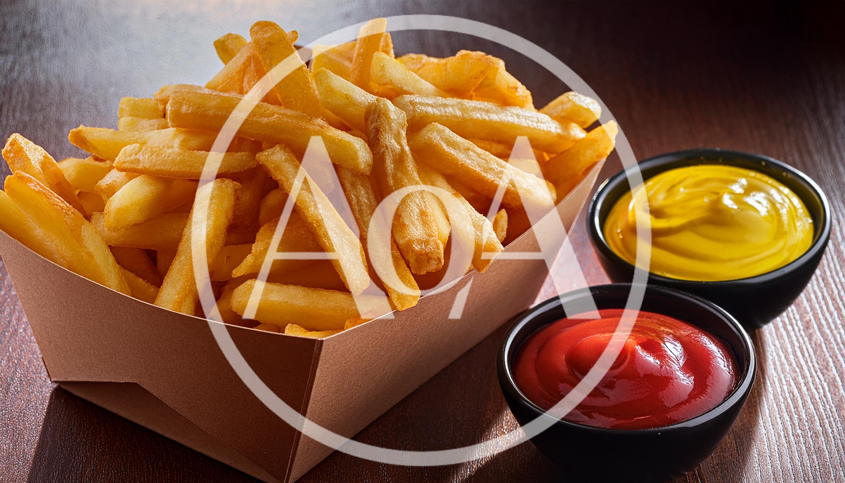 Golden French Fries With Ketchup And Mustard Dips
