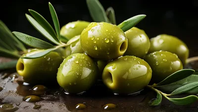 Fresh Green Olives With Water Droplets On Dark Surface