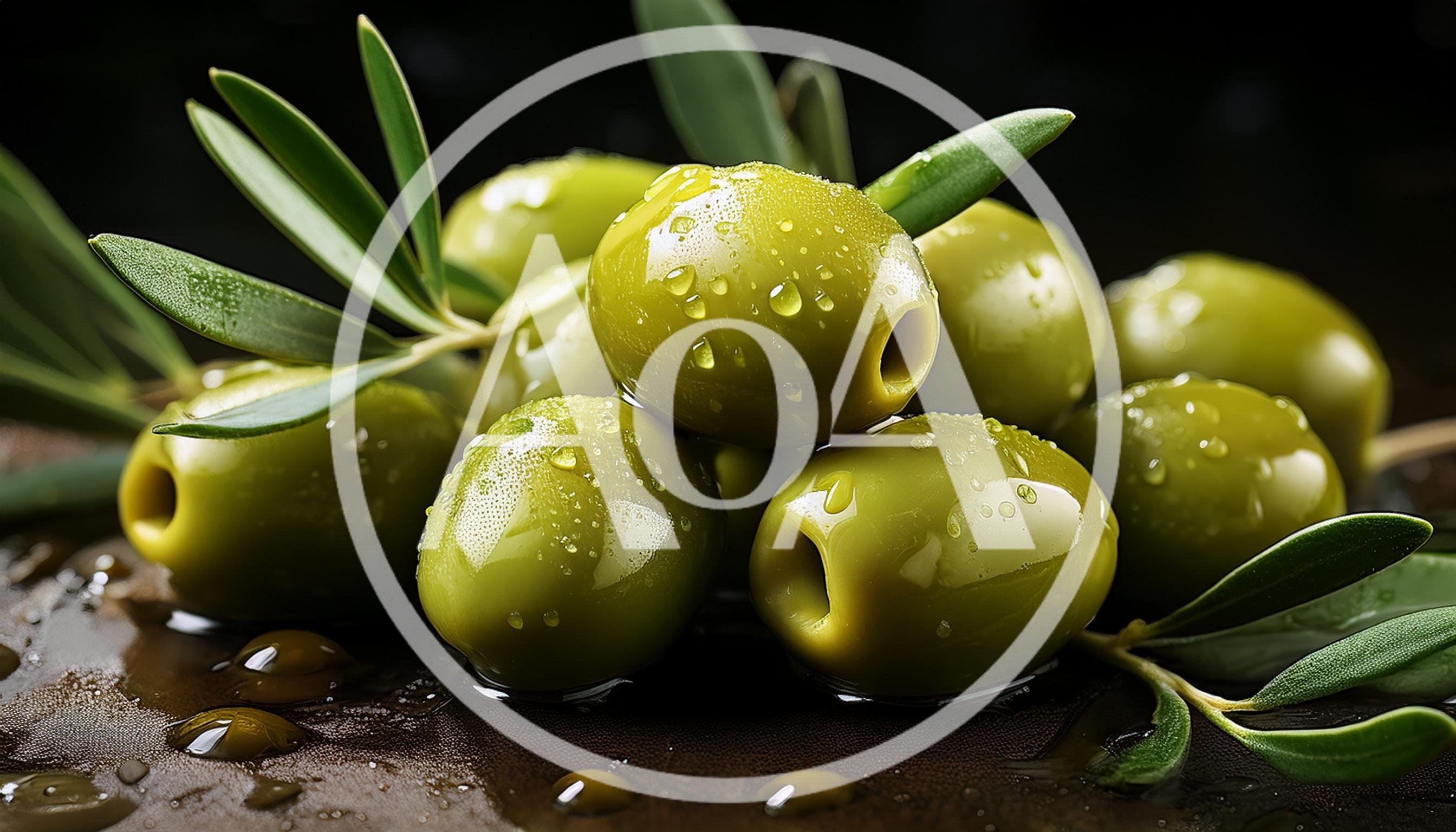 Fresh Green Olives With Water Droplets On Dark Surface