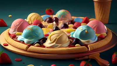 Dessert Pizza Topped With Colorful Ice Cream Scoops