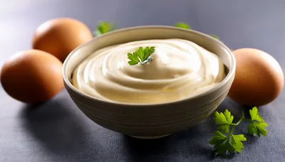 Bowl Of Fresh Homemade Mayonnaise With Eggs And Parsley