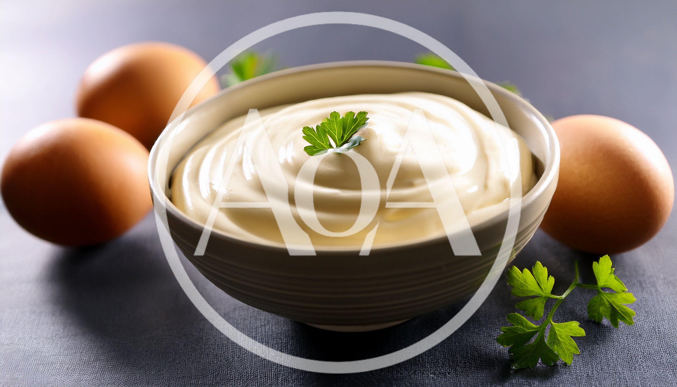 Bowl Of Fresh Homemade Mayonnaise With Eggs And Parsley