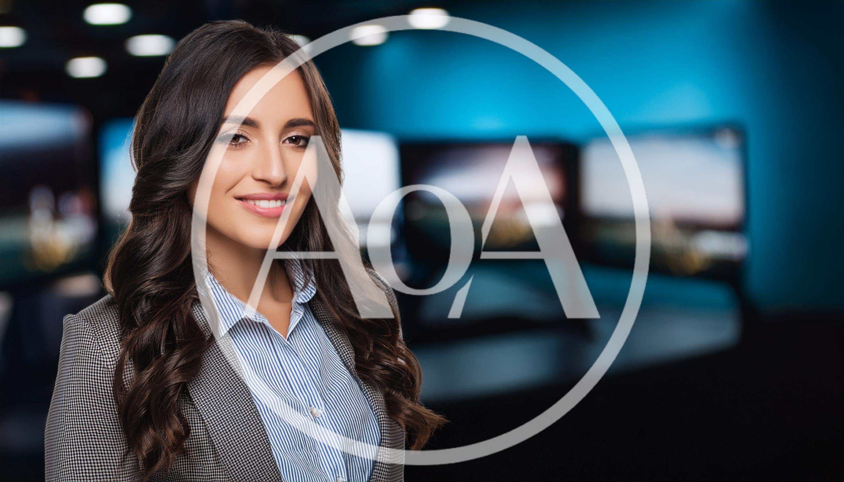 Professional Female News Anchor In A Television Studio