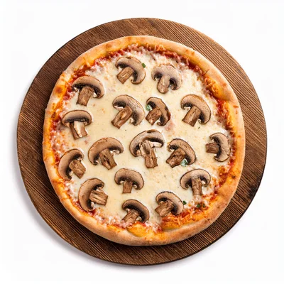 Mushroom Pizza On A Wooden Serving Board
