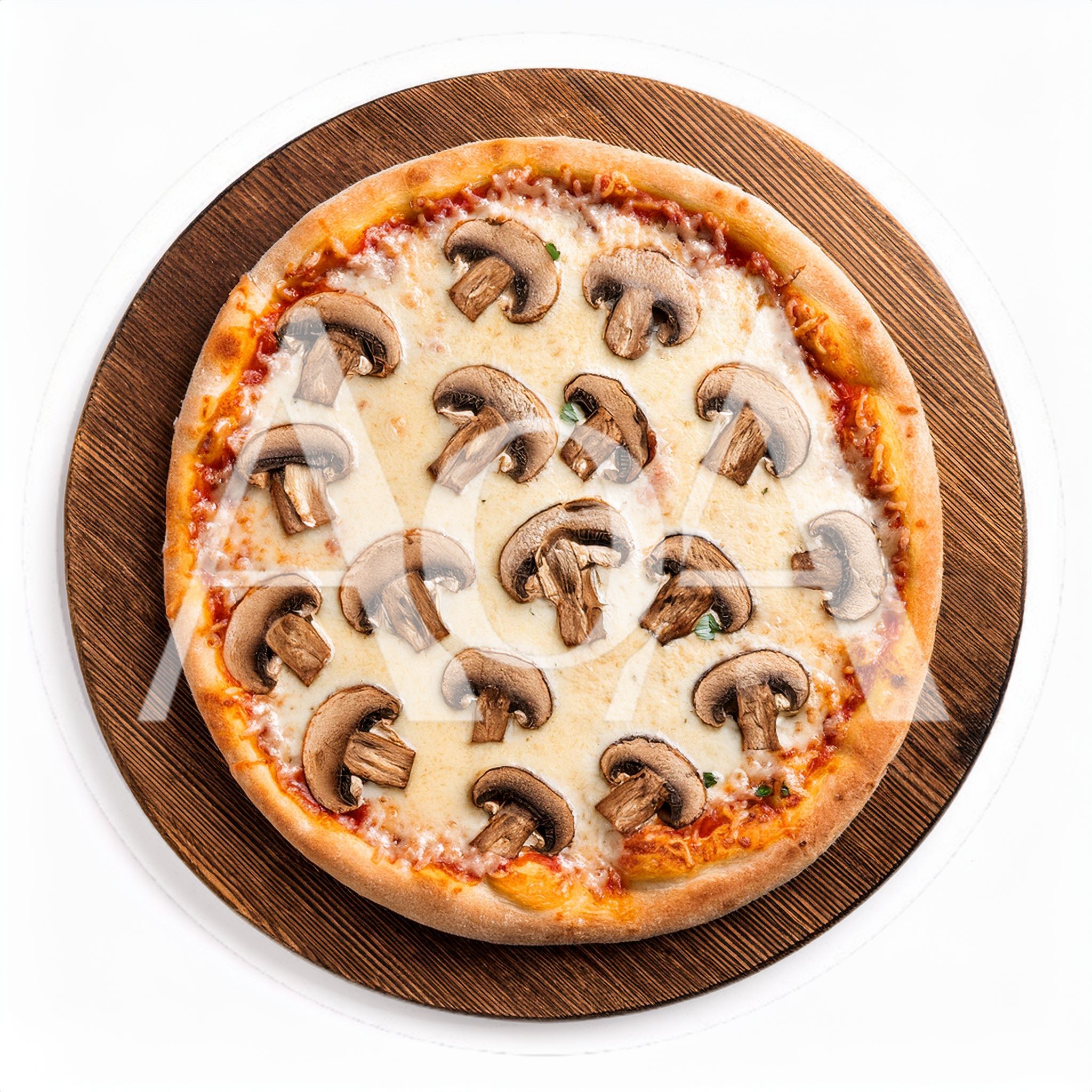 Mushroom Pizza On A Wooden Serving Board