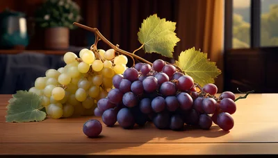 Fresh Green and Purple Grapes on Wooden Table