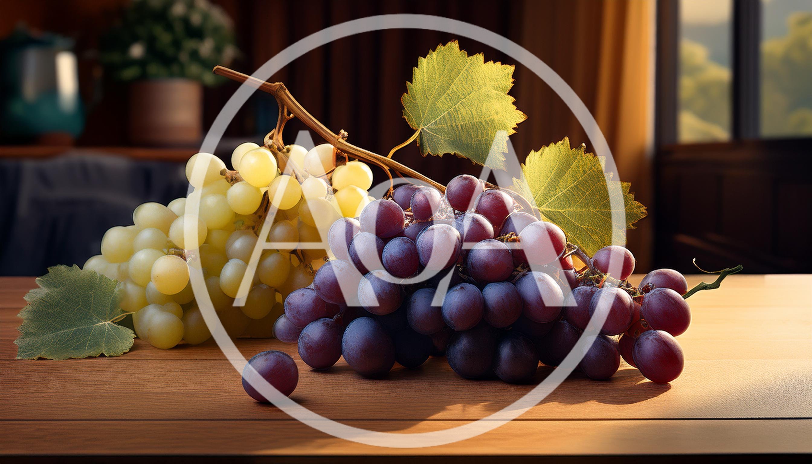 Fresh Green and Purple Grapes on Wooden Table