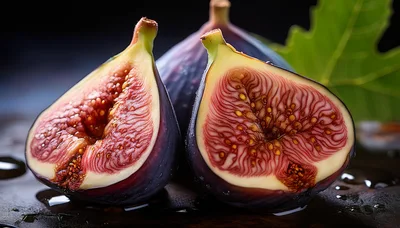 Two Halved Fresh Purple Figs On Dark Surface