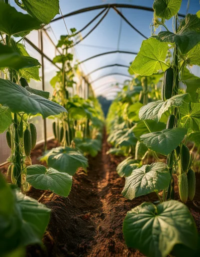 Cucumber Plants Growing Inside A Commercial Greenhouse