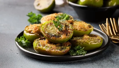 Baked Stuffed Green Tomatoes on a Black Plate