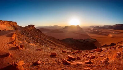 Panoramic View Of Wadi Rum Desert At Sunset
