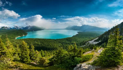 Panoramic View Of Turquoise Lake In Canadian Rockies