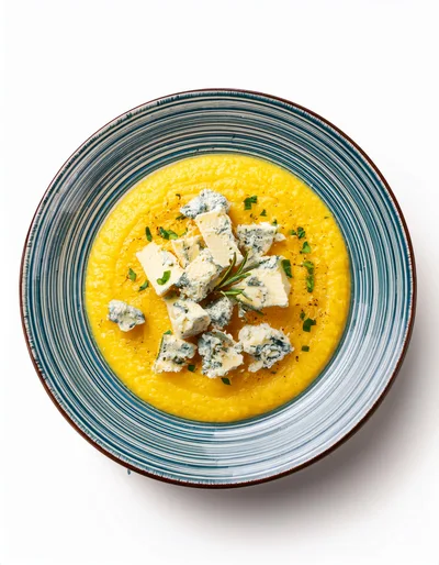 Creamy Pumpkin Soup Topped With Blue Cheese