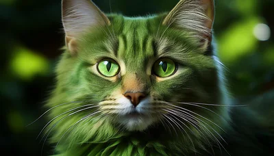 Close Up Portrait Of A Green Furry Cat
