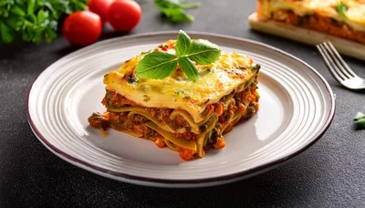 A Single Serving Of Freshly Baked Meat Lasagna