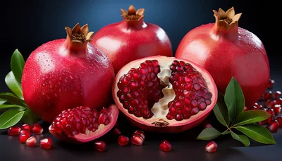 Fresh Whole And Sliced Pomegranates With Seeds