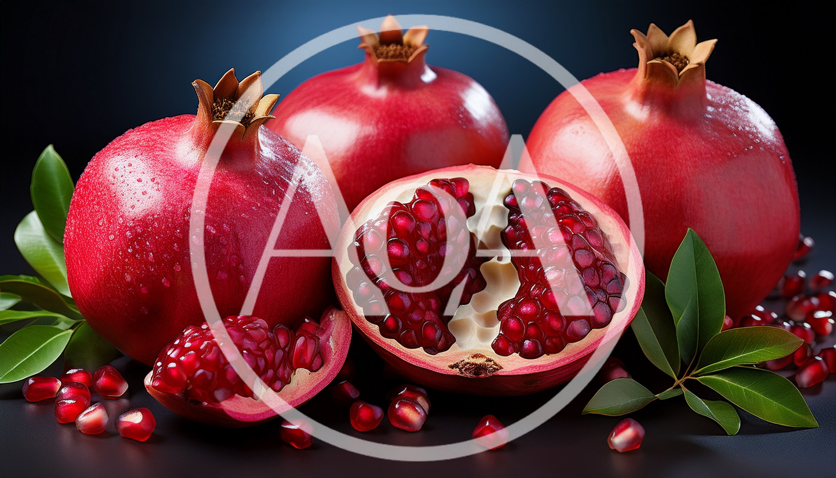 Fresh Whole And Sliced Pomegranates With Seeds