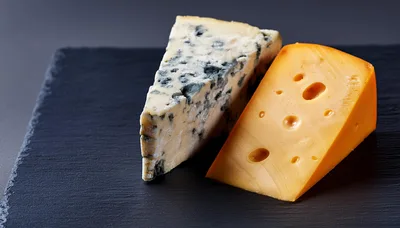 Wedge Of Blue Cheese And Swiss Cheese On Slate