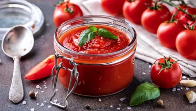 Glass Jar Of Homemade Tomato Sauce With Fresh Basil