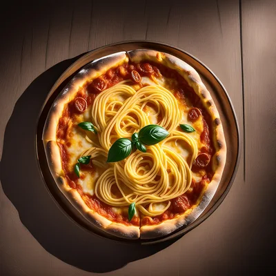 Spaghetti Topped Pizza on Wooden Table