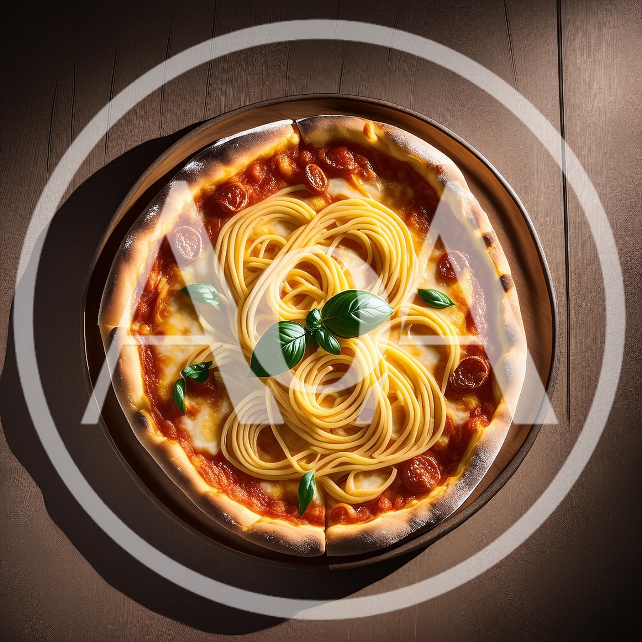 Spaghetti Topped Pizza on Wooden Table