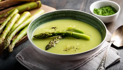 Bowl Of Creamy Asparagus Soup With Fresh Spears