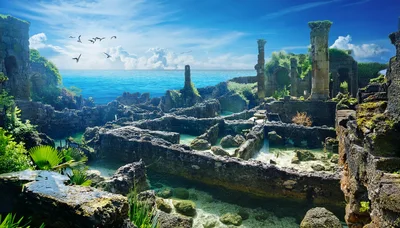 Ancient Stone Ruins Submerged In Tropical Coastal Waters