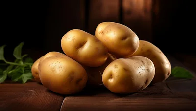 Fresh Raw Potatoes Stacked On A Rustic Wooden Table