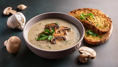 Creamy Mushroom Soup Served With Toasted Bread
