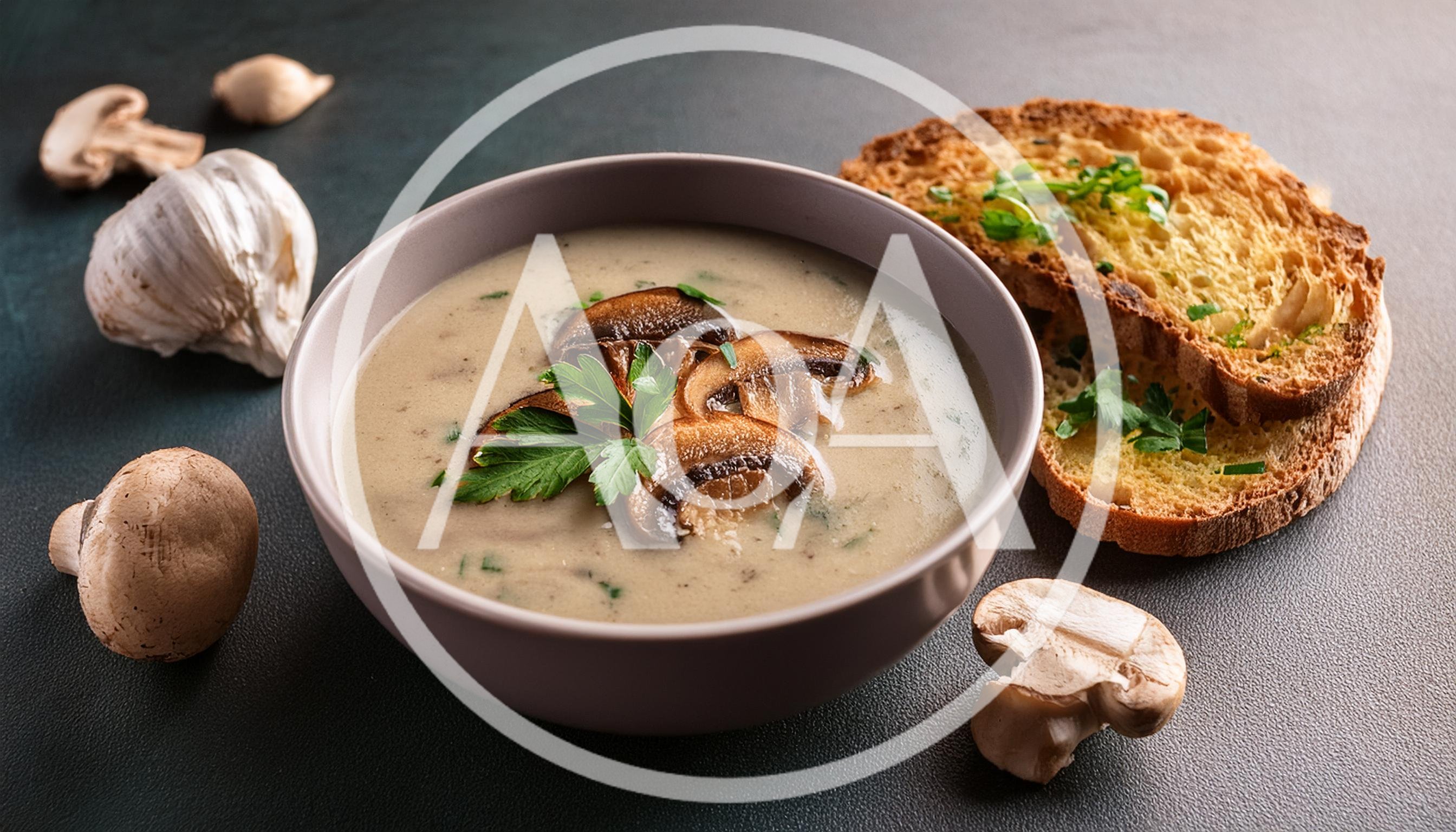 Creamy Mushroom Soup Served With Toasted Bread