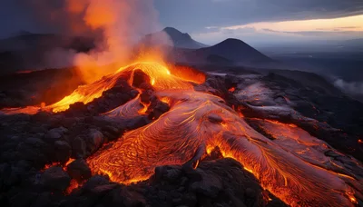 Active Volcanic Eruption With Flowing Molten Lava