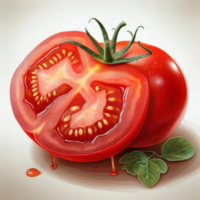 Fresh Sliced Tomato With Green Leaves